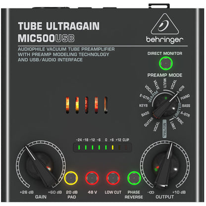 Behringer TUBE ULTRAGAIN MIC500USB Audiophile Vacuum Tube Preamplifier with Preamp Modeling Technology and USB/Audio Interface