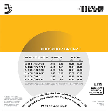 D'Addario EJ19 Phosphor Bronze Acoustic Guitar Strings, Bluegrass, 12-56