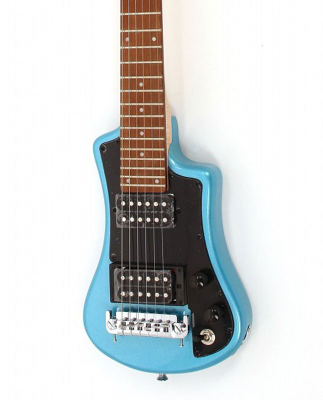 Hofner Shorty Deluxe 2 Humbucker Travel Electric Guitar in Blue with Gig Bag